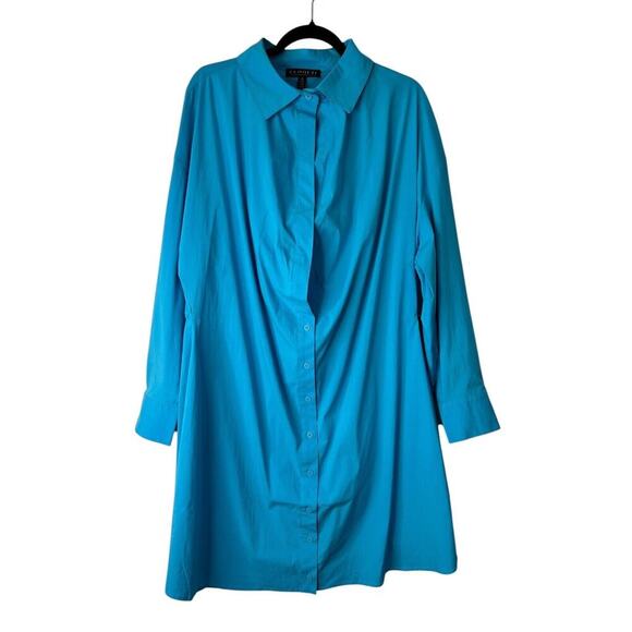 Eloquii Poplin Twofer Shirtdress Front Placket Long Sleeve Mini Size 18 Blue - Picture 2 of 16